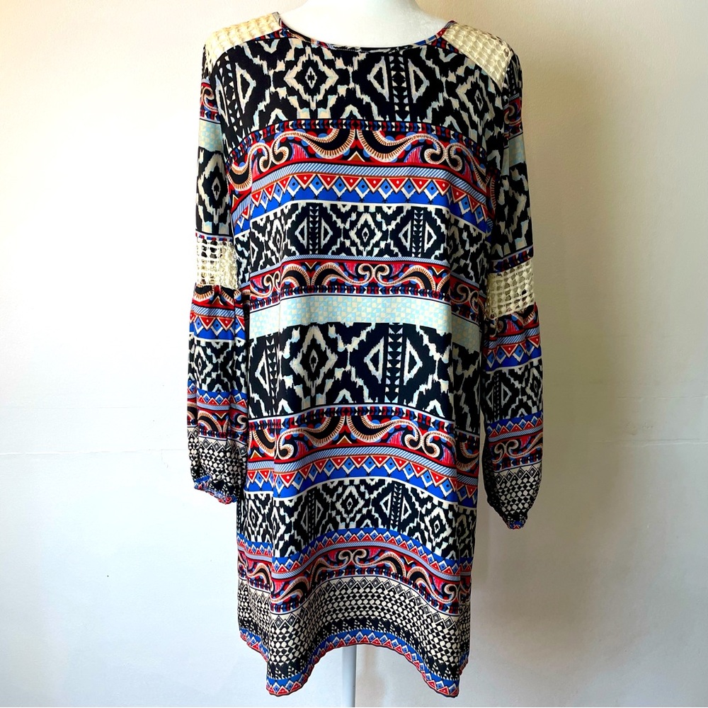 Pink Owl Womens Size L Bohemian Aztec Long Sleeve Crochet Accent Dress Tunic Top